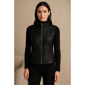 J'ENVIE New York Black Faux‎ Leather Chevron Vest Zip Front Minimalist Size 12